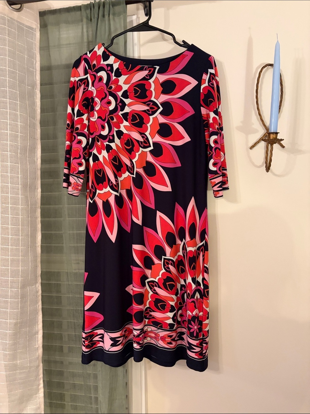 Sandra Darren Navy Midi Dress with Pink and Red Floral Motif